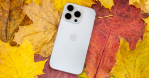 Apple iPhone 16 Pro in Titan Weiß von hinten vor Herbstlaub