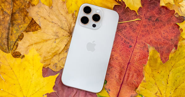 Apple iPhone 16 Pro in Titan Weiß von hinten vor Herbstlaub