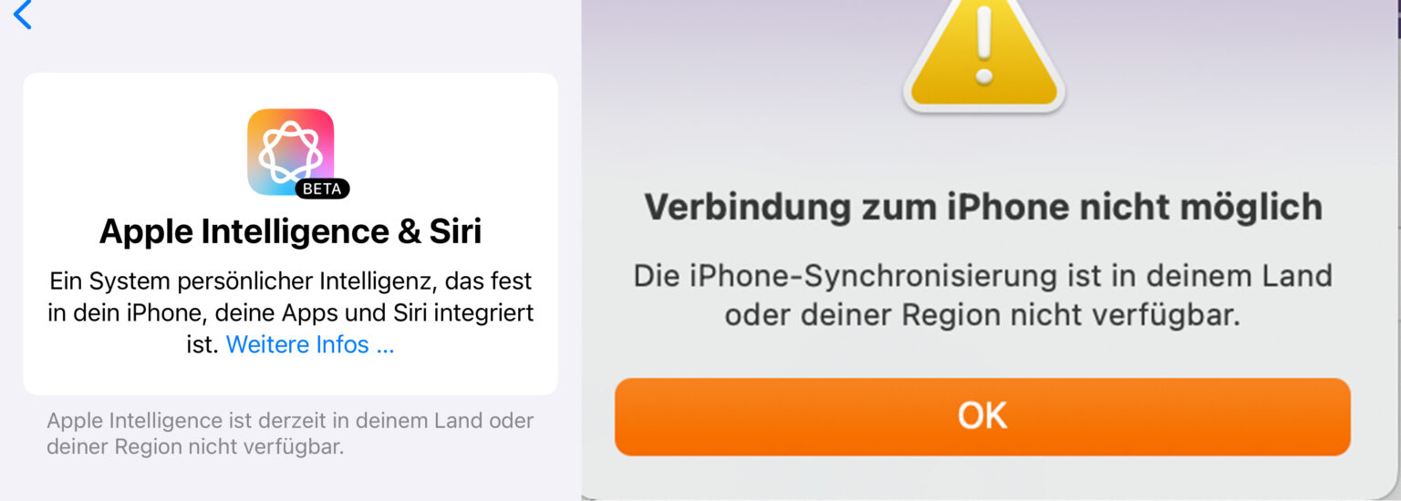 Screenshots von iOS 18 und MacOS 15, die zeigen, das Apple Intelligence und iPhone-Mirroring in Deutschland nicht verfügbar sind