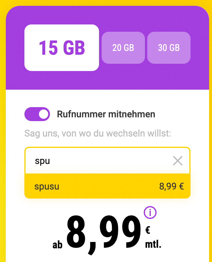 Screenshot der Rufnummernübernahme von Spusu auf der Seite von SIMon mobile