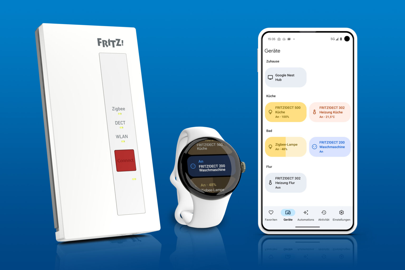 Fritz!Box Smart Home im Test: Gateway neben Google Watch und Smartphone mit Google Home App