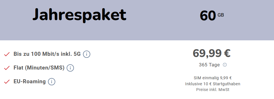 NettoKom Jahrespaket mit 60 GB für 69,99 €