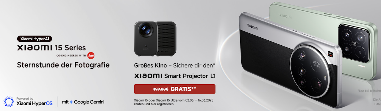 Xiaomi 15 Vorbestelleraktion mit Xiaomi 15 und Xiaomi 15 Ultra schwarz und grün + Xiaomi Smart Projector L1