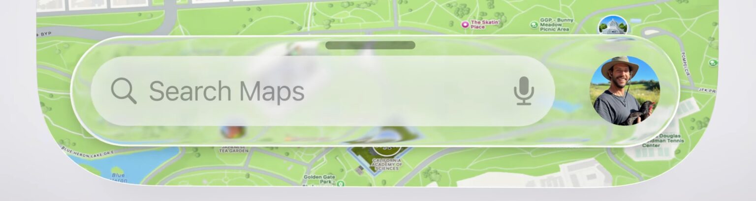 Liquid-Glass-Optik über Apple Maps. Ausschnitt.
