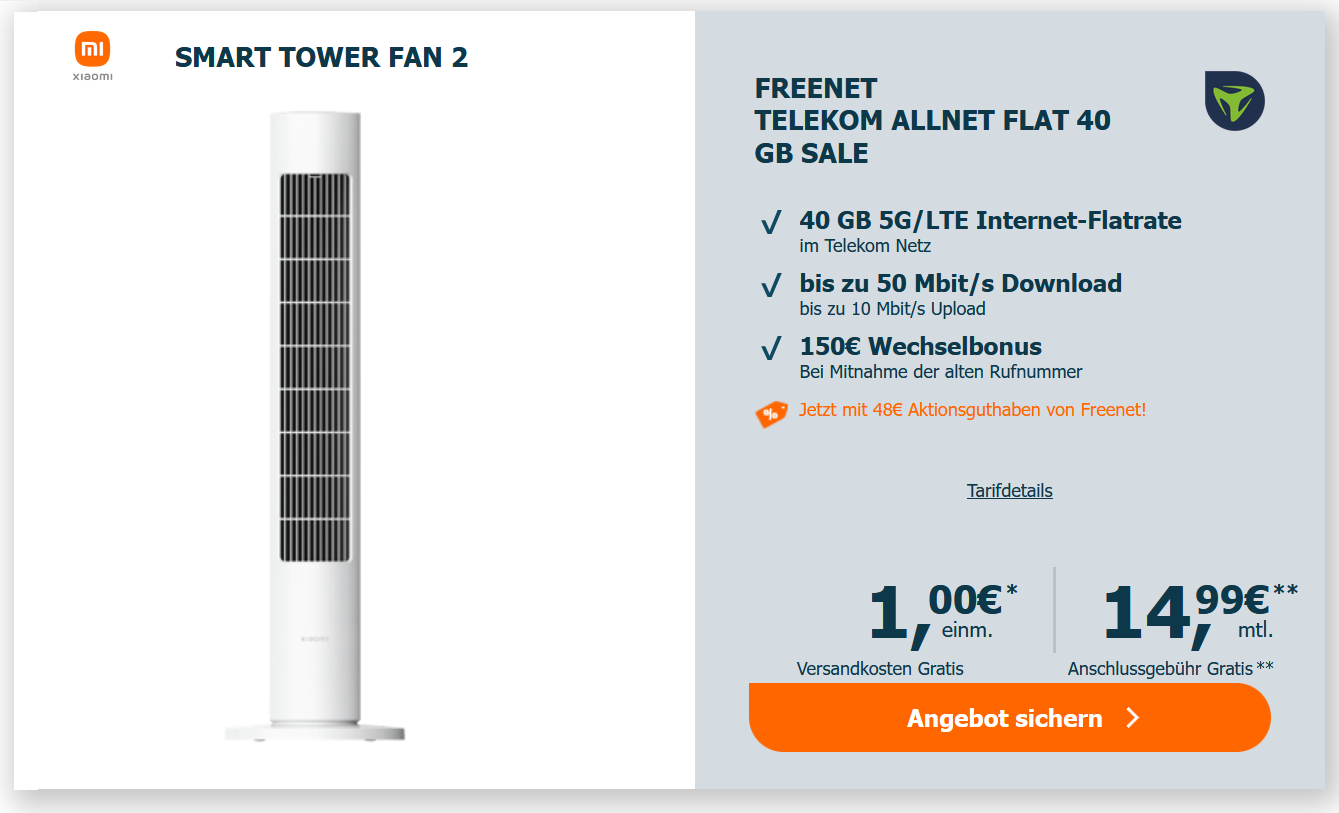 Telekom Allnet Flat 40GB mit Xiaomi Smart Tower Fan 2