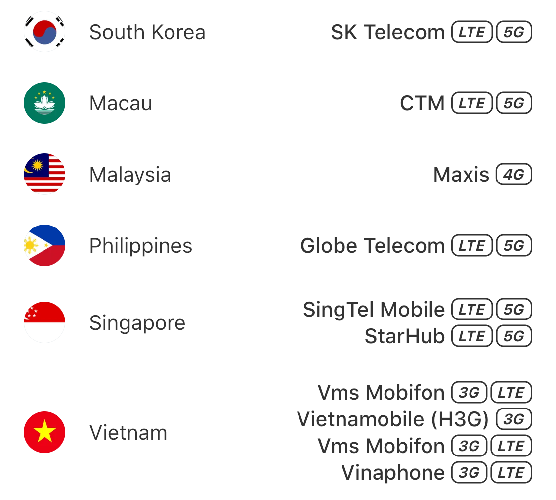 Ausschnitt aus der Liste, welche Funktechniken und Netze im Asien-Pazifik-Paket genutzt werden.