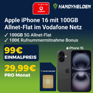 Handyhelden Deal iPhone 16 Vodafone-Netz 100 GB