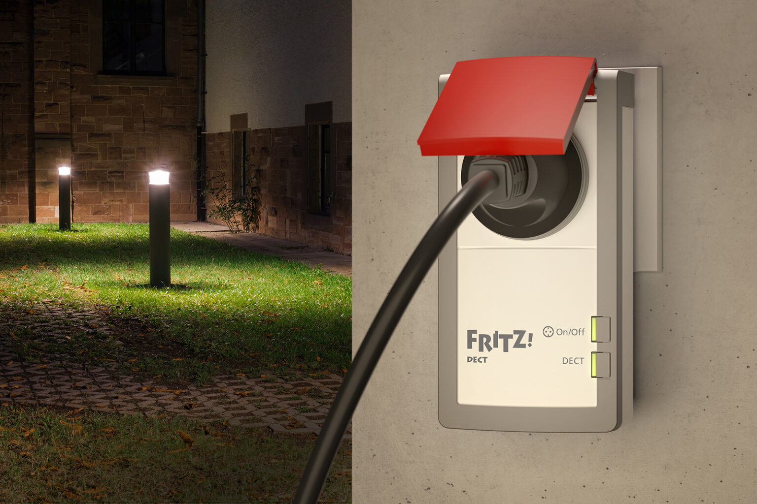 smarte Außensteckdose AVM Fritz!DECT 210 versorgt Licht mit Strom