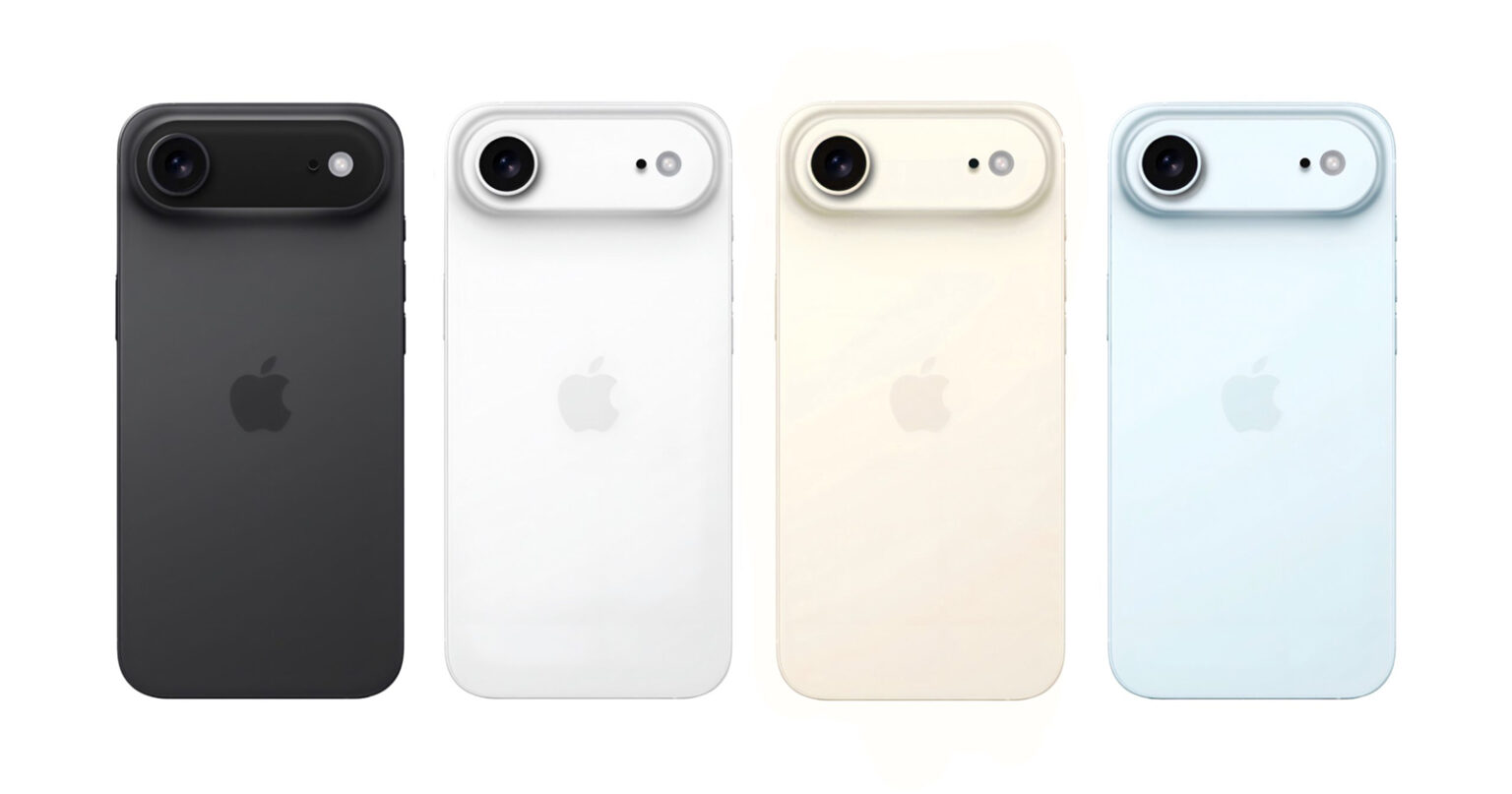 Vermutetes Aussehen des iPhone 17 Air in den Farben Schwarz, Silber, Gold und Hellblau
