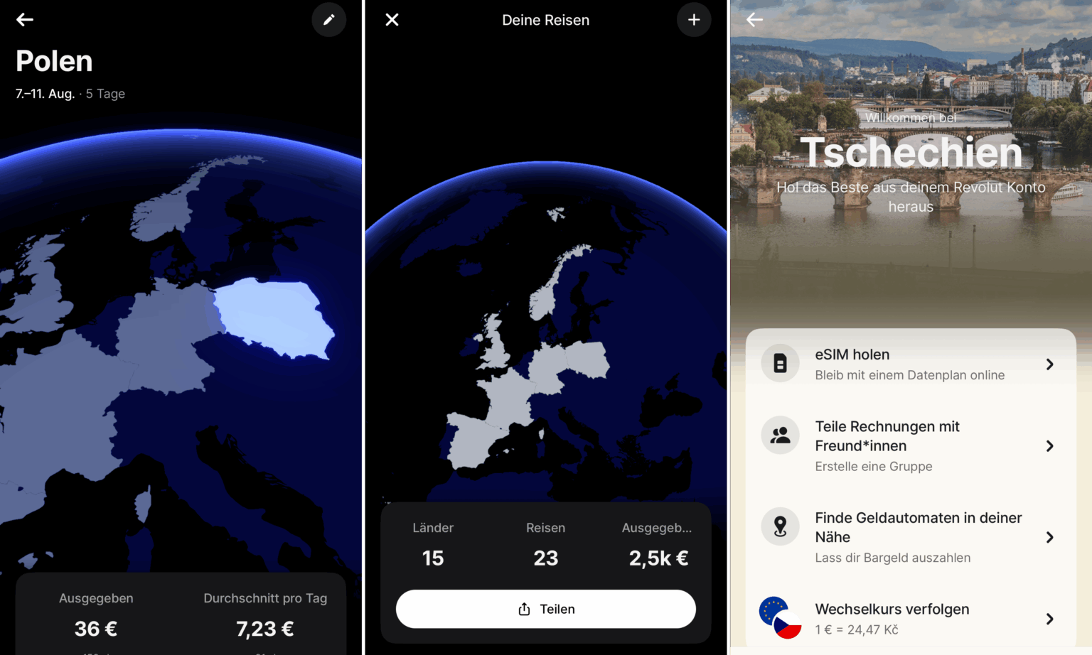 Zwei Screenshots der Reiseübersicht mit Globus und hervorgehobenen Ländern und ein Screenshot zur Einzellandesübersicht.
