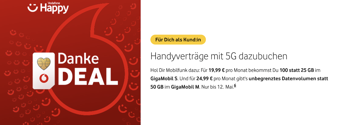 Vodafone Danke Deal mit mehr Datenvolumen im GigaMobil S und M