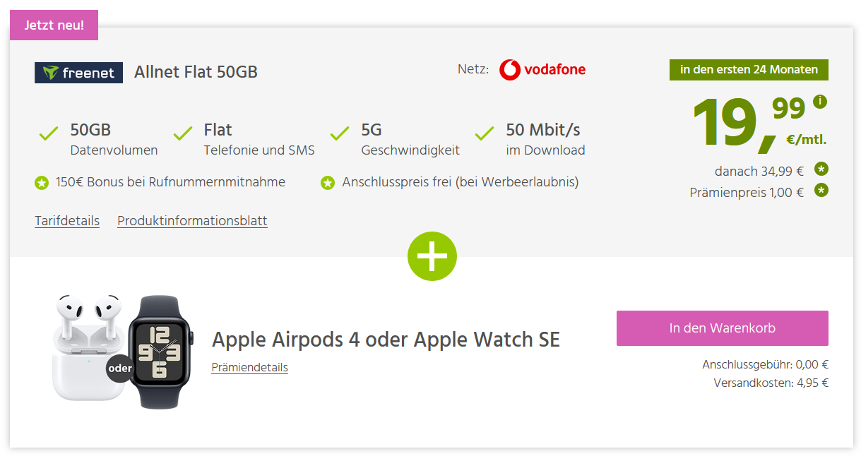 Freenet - Allnet Flat 50GB mit Apple Airpods 4 oder Apple Watch SE