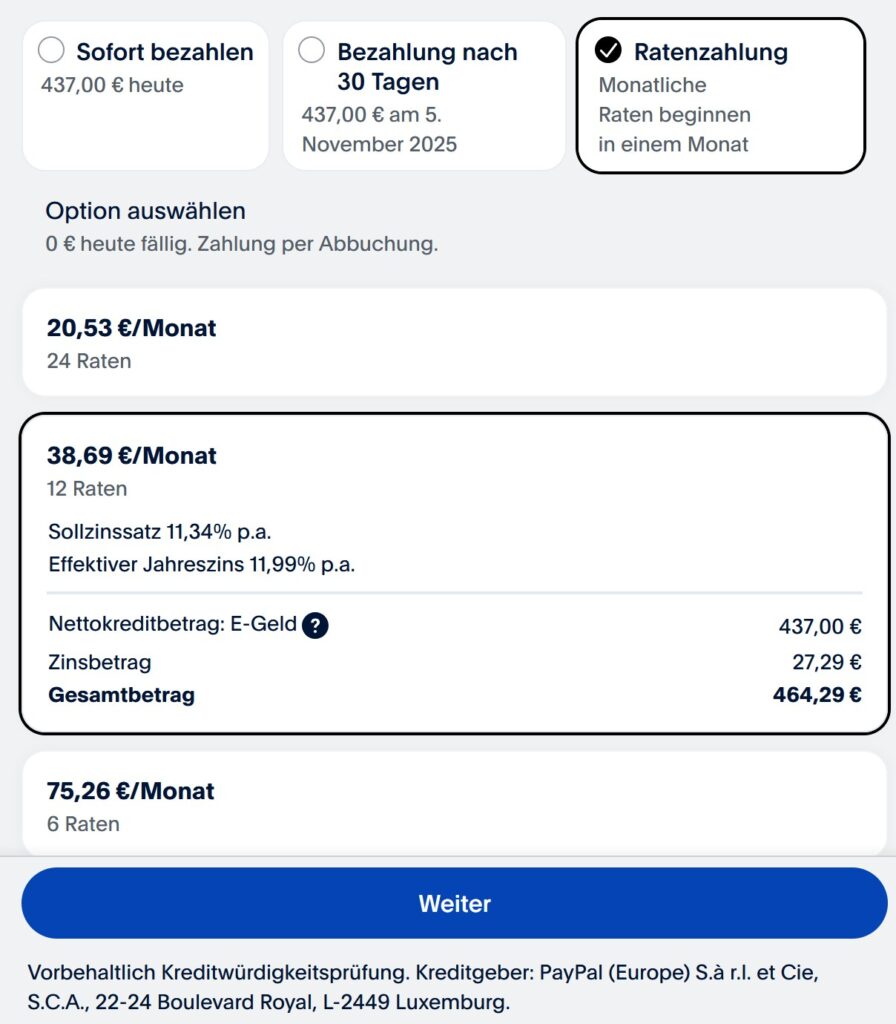 Die Ratenzahlung musst Du vor Abschluss des Kaufs auswählen. Nachträglich klappt das nicht. (Screenshot)