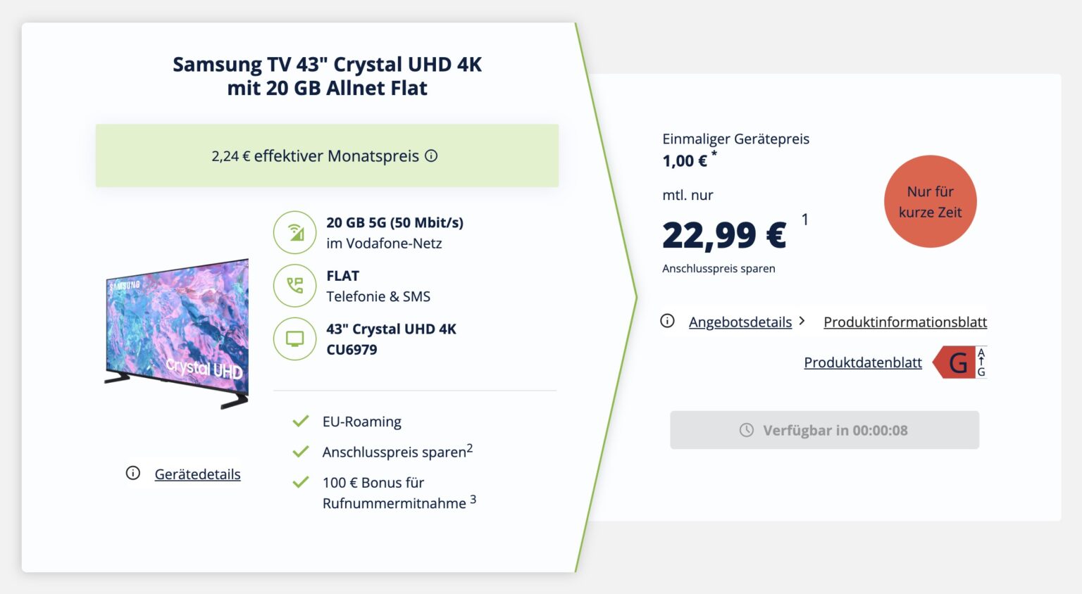 Samsung Crystal TV 43 Zoll freenet Allnet Flat Vodafone 20 GB Deal