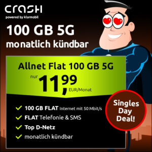 crash Allnet-Flat 100 GB 5G für 11,99 Euro - Singles Day 2025