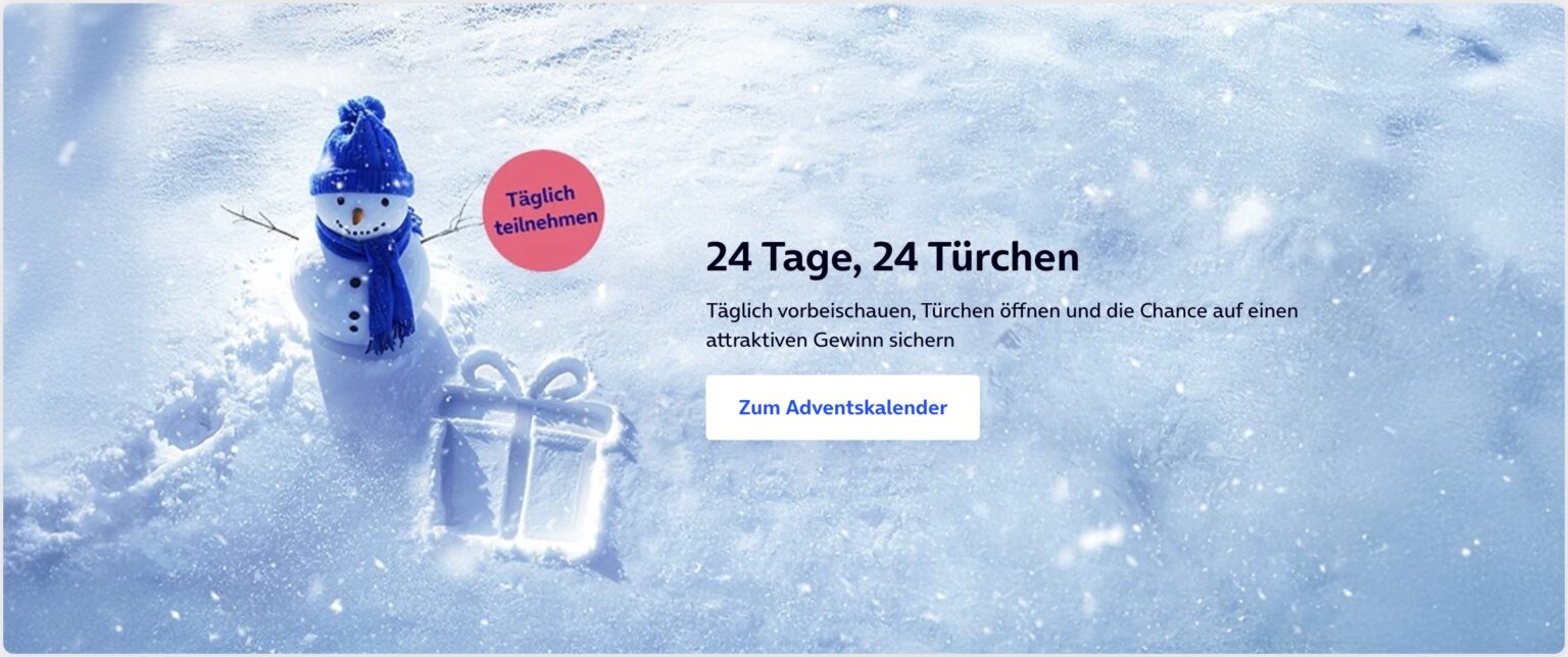 Weihnachtsmann im Schnee mit Aufforderung an 24 Tagen teilzunehmen.