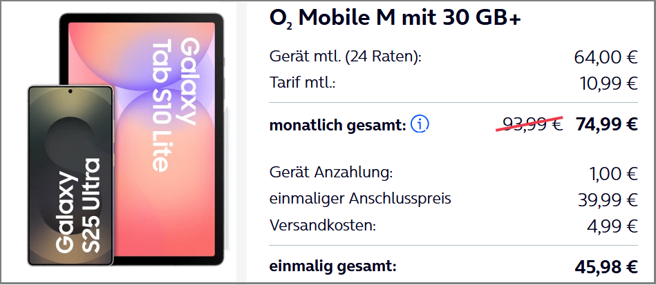 Galaxy S25 Ultra mit Tab S10 Lite WiFi bei o2 mit Tarif