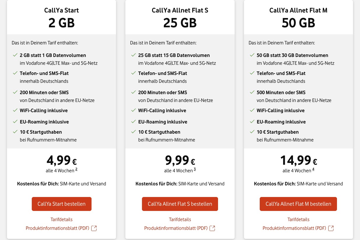 Vodafone CallYa Prepaid Tarife