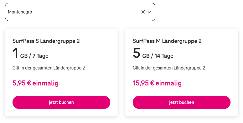 Telekom Surfpass Montenegro, 7 Tage surfen, 1 GB für 5,95 € oder