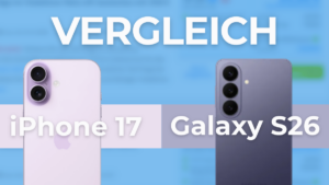 Links iPhone 17 in weiß und rechts Samsung Galaxy S26 in Schwarz nebeneinander mit Schriftzug "Vergleich".