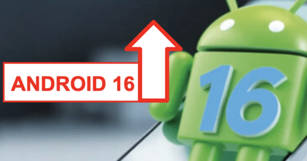 Grünes Android-Logo-Männchen im Hintergrund mit einer hellblauen 16. Davor in roter Schrift Android 16 und ein roter Pfeil nach oben.