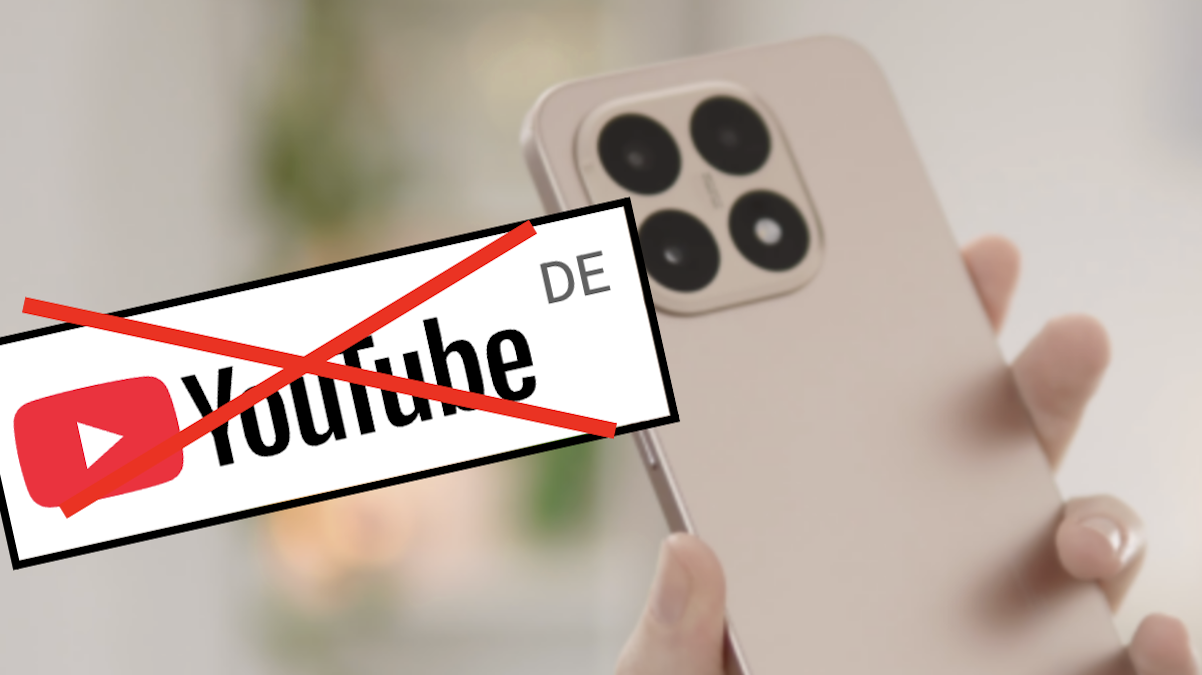 roségoldenes Smartphone in der Hand, davor das YouTube-Logo mit einem roten Kreuz darüber