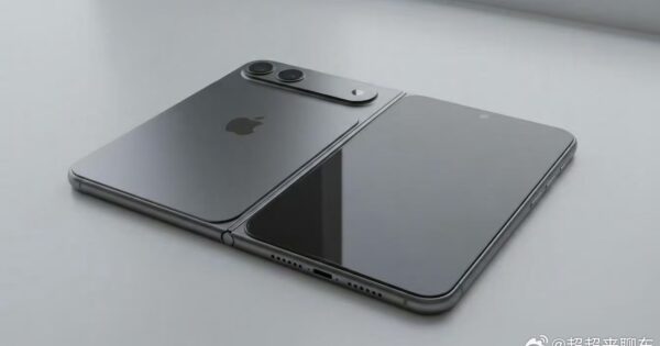 Mögliches Design-Rendering eines aufgeklappten, auf dem Tisch liegenden iPhone Fold in der Farbe Schwarz.