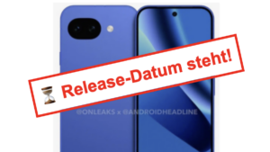 blaues Pixel 10a im Hintergrund, davor eine Sanduhr und roter Text: Release-Datum steht