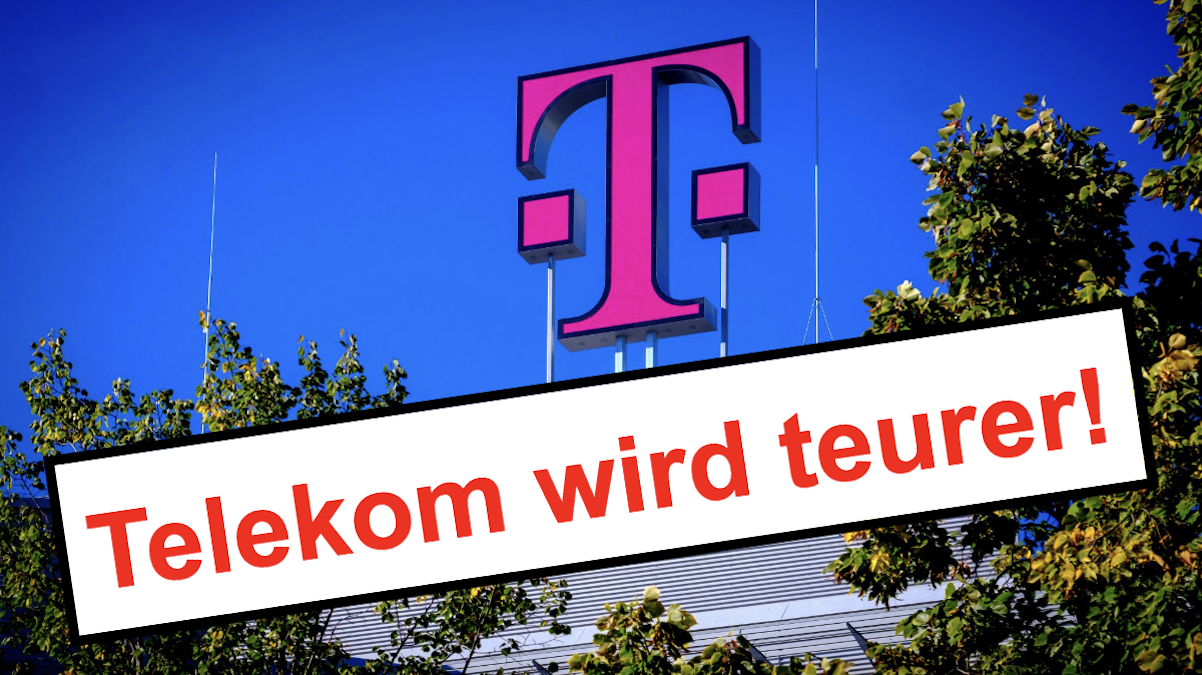 Telekom-Logo auf einem Gebäude vor blauem Himmel, davor ein roter Schriftzug, lautend: Telekom wird teurer!
