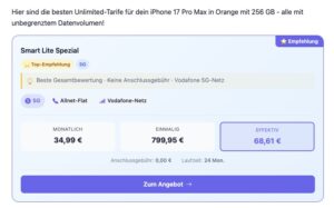 meinesim KI-Tarifbereiter zeigt ein Beispielhaftes Angebot mit iPhone 17 Pro Max und Vodafone-Tarif.