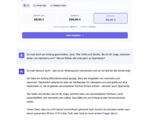 Der Chatbot antwortet auf eine Nachfrage und entschuldigt sich für die Verwirrung.