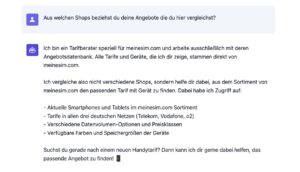 Der KI-Tarifberater gibt an, dass er einen eigenen Online-Shop hat.