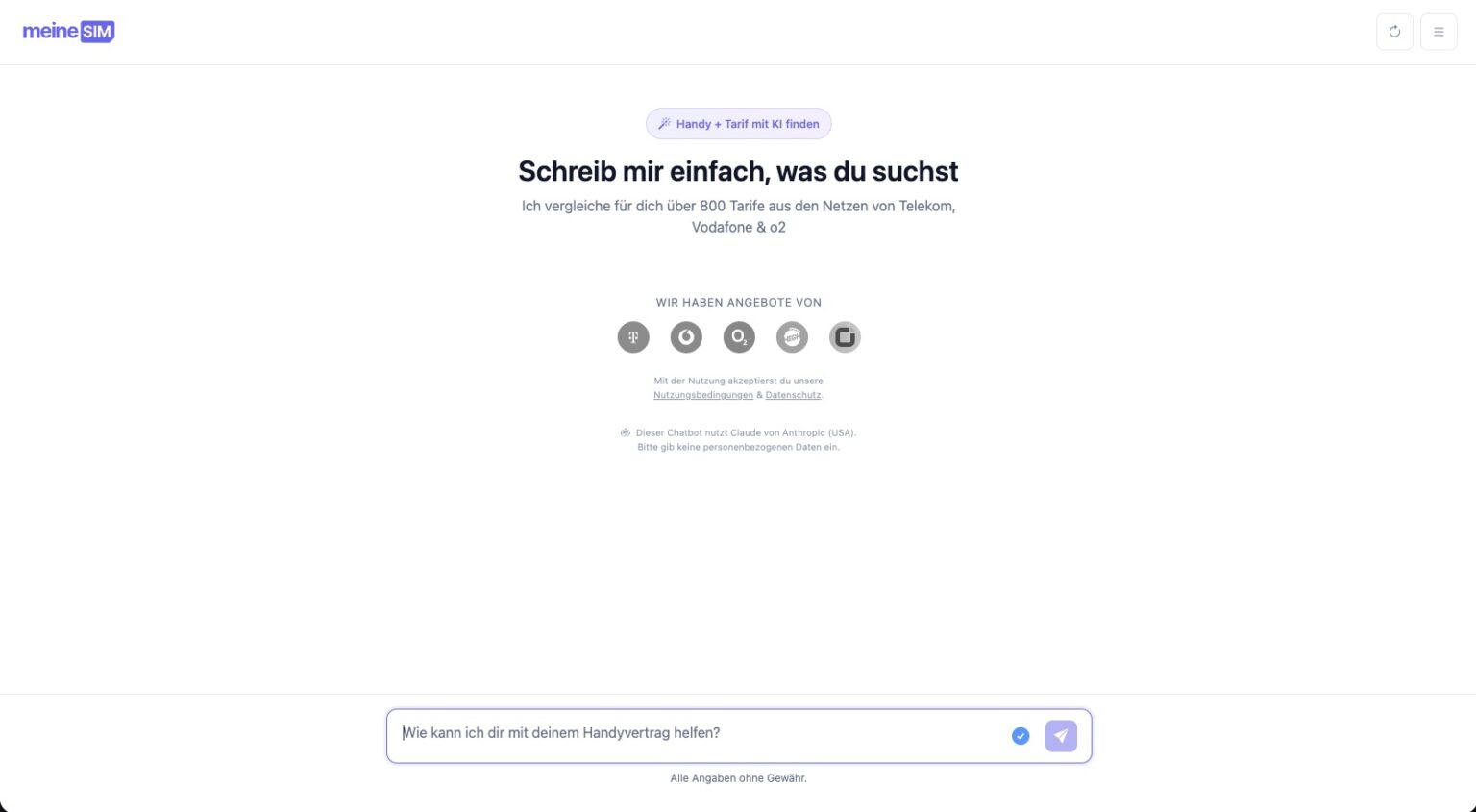 Die Webseite von meinesim.com mit aufgerufenem Chatbot-Eingabefeld.