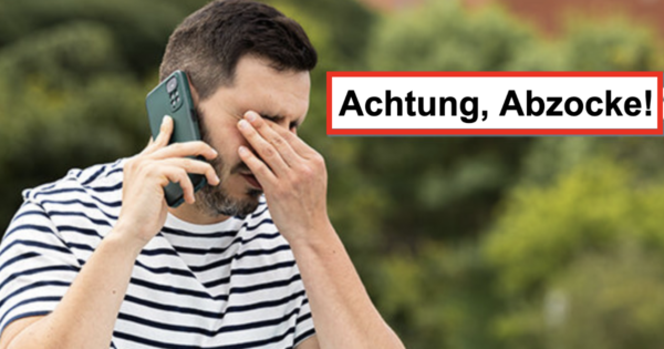 Eine Person telefoniert sichtlich gestresst mit dem Smartphone, davor ein schwarzer Schriftzug: Achtung, Abzocke!