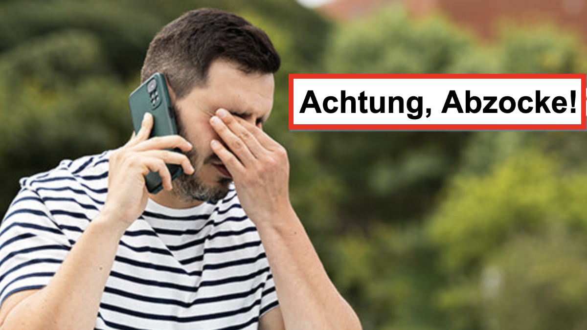 Eine Person telefoniert sichtlich gestresst mit dem Smartphone, davor ein schwarzer Schriftzug: Achtung, Abzocke!