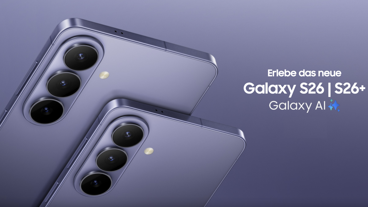 Rückseite des Galaxy S26, daneben Schriftzug: Erlebe das Galaxy S26 | S26+