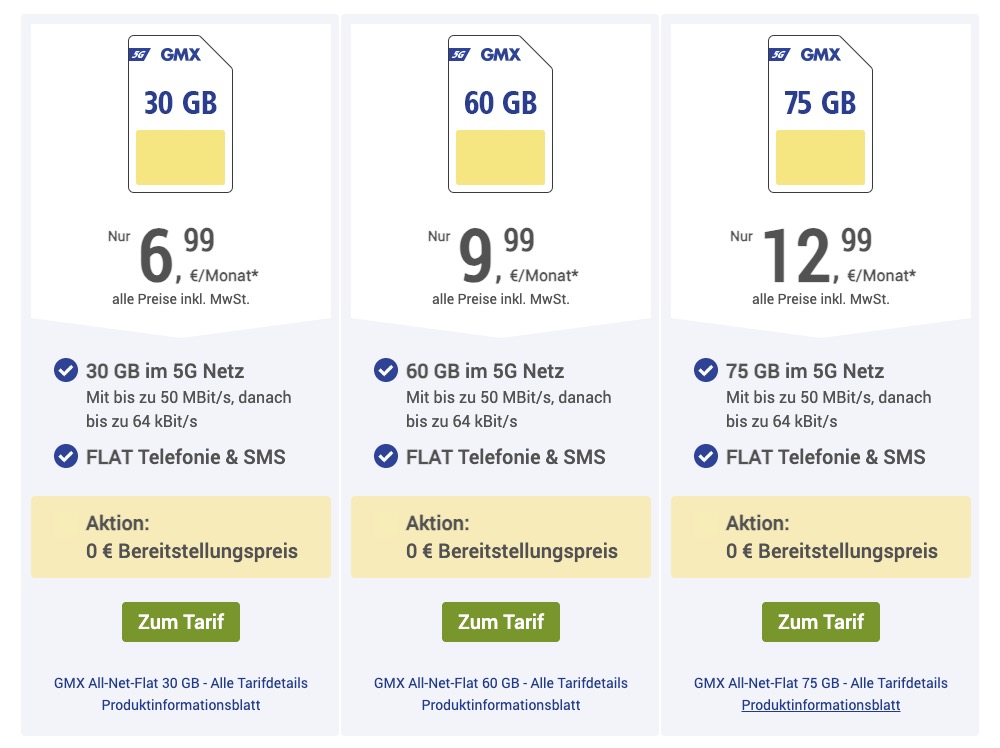 GMX Web Tarife 30,60,75 GB