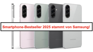 Galaxy A56 5G in allen Farben aufgereiht, davor der rote Schriftzug: Smartphone-Bestseller 2025 stammt von Samsung!