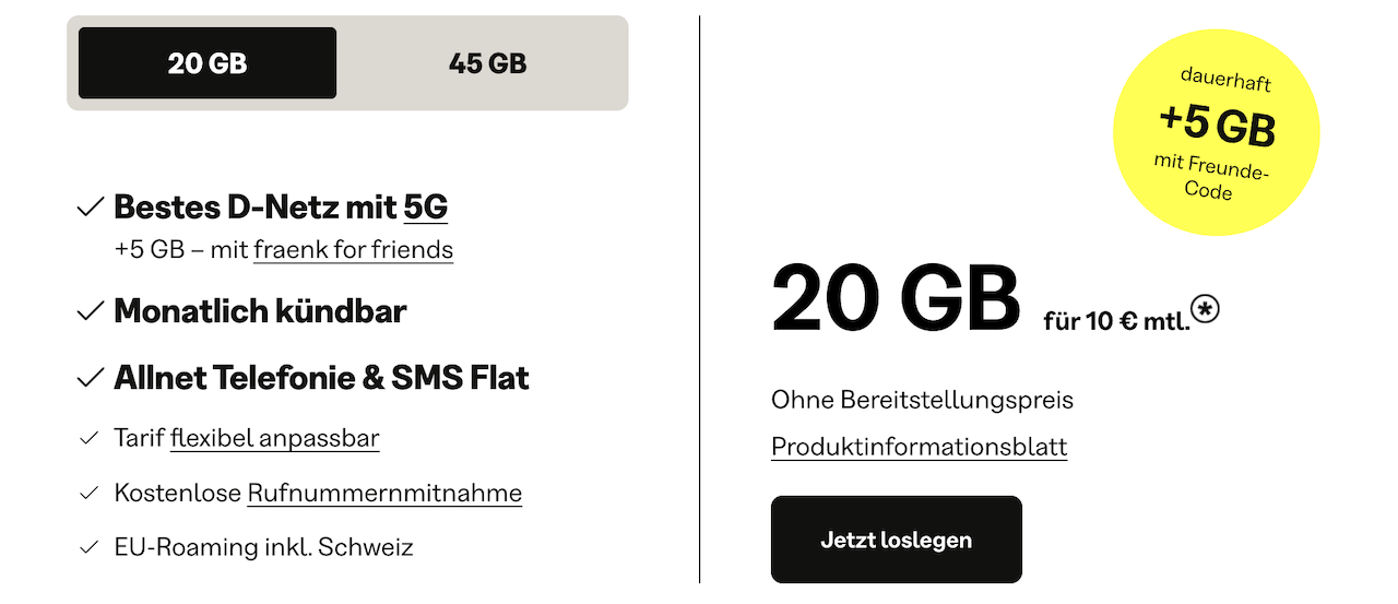 20 GB bei fraenk für 10 Euro im Monat