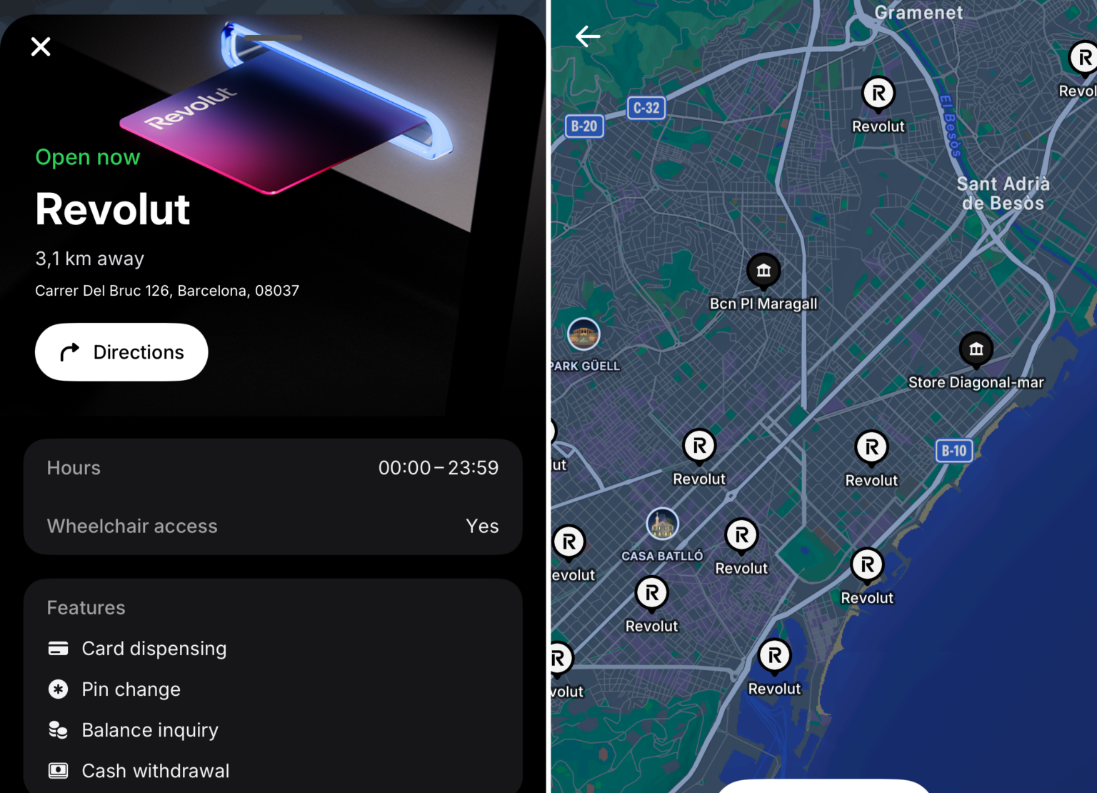 Zwei Screenshots zu der Automatensuche. Links die Funktionen eines Automaten samt Adresse, rechts eine Kartenansicht.