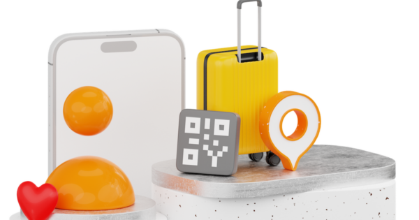 Gerendertes Symbolbild mit Koffer, Smartphone und einem Pseudo-QR-Code.