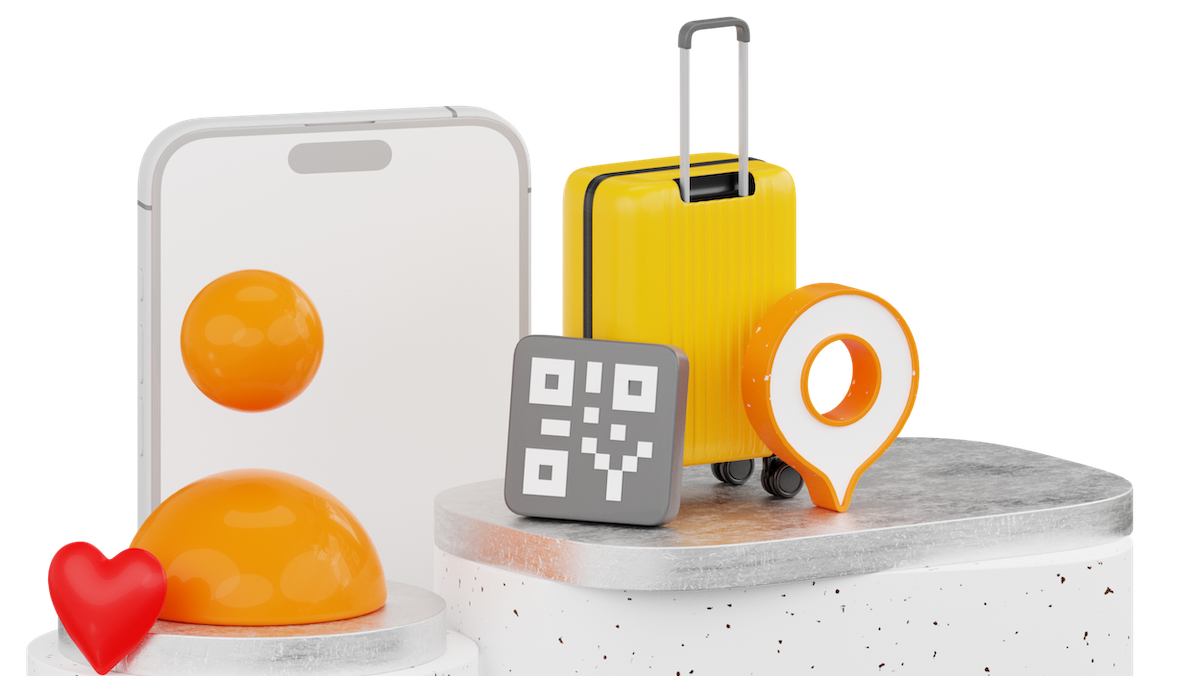 Gerendertes Symbolbild mit Koffer, Smartphone und einem Pseudo-QR-Code.