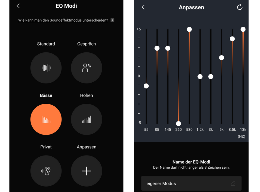 Einstellmöglichkeiten in der Shokz-App: Equalizer und Modi für Bass und Höhen