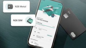 Grafik von N26 mit dem Telefon und App im Vordergurnd sowie Erwähnung der SIM und Metal.
