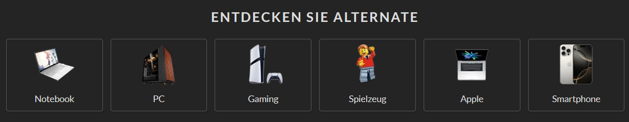 Alternate Rubriken auf dunklem Hintergrund als Shopseitenbanner