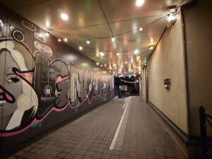 Tunnel mit vielen aufgehangenen Leuchtmitteln in vielen Farben.