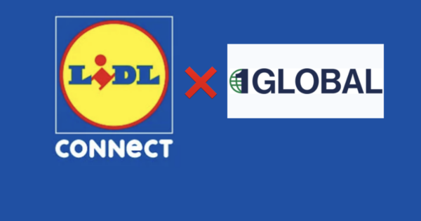 Lidl-Connect- und 1Global-Logo vor blauem Hintergrund.