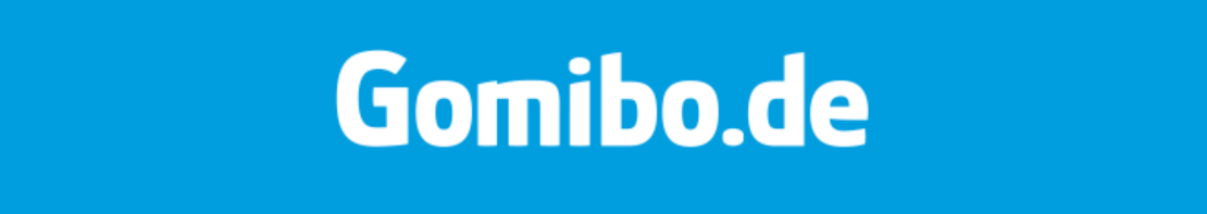 Gomibo Shoplogo auf blauem Hintergrund im Bannerformat