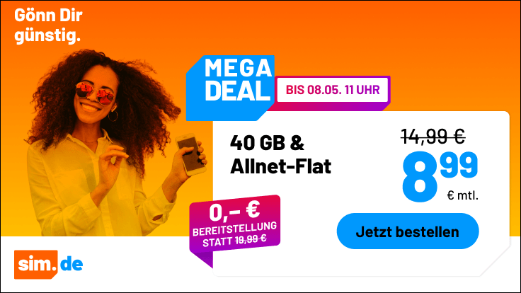 sim.de Deal mit 40 GB für 8,99 Euro mtl.