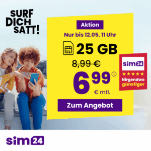 sim24 Deal mit 25 GB für 6,99 Euro mtl.
